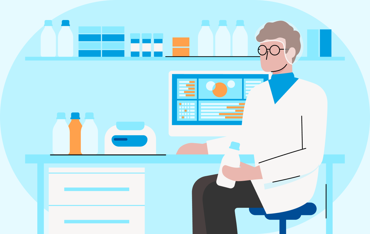 Illustration of a pharmacist sitting at a desk holding a bottle of. medication