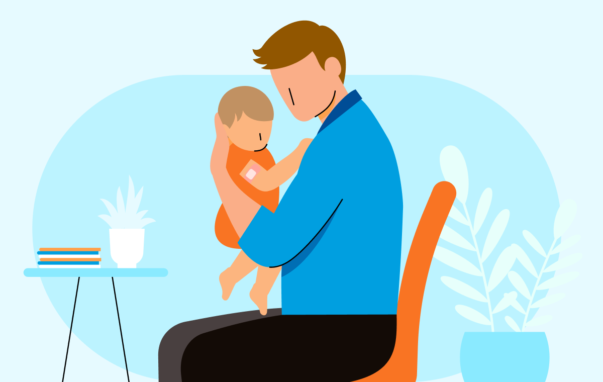 Illustrated image of a man sitting on a chair carrying his vaccinated child in his arms