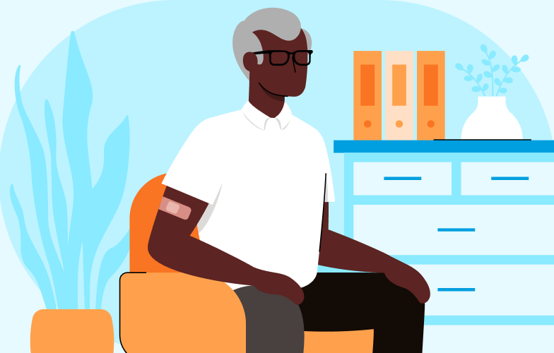 Illustrated image of an old man sitting on the couch and showing vaccinated spot with band-aid on his right arm