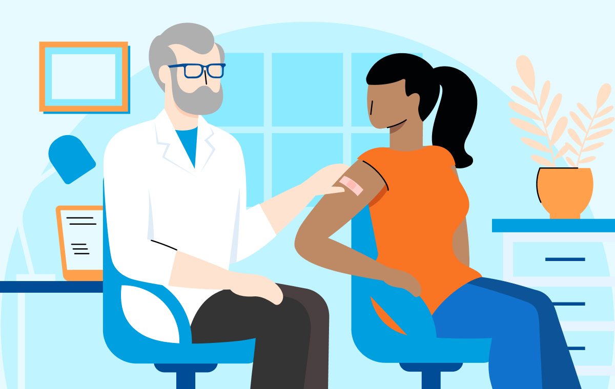 Illustrated image of woman sitting next to pharmacist and getting vaccinated